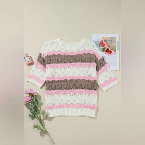 Brown Stripe Color Block Hollow Out Crochet Half Sleeve Sweater Bohemian Blouse - Picture 2 of 11